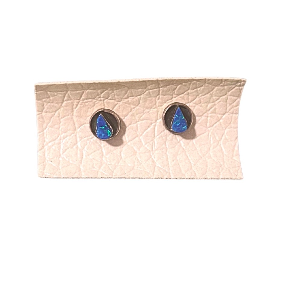 Silver & Blue Opal Teardrop Stud Earrings